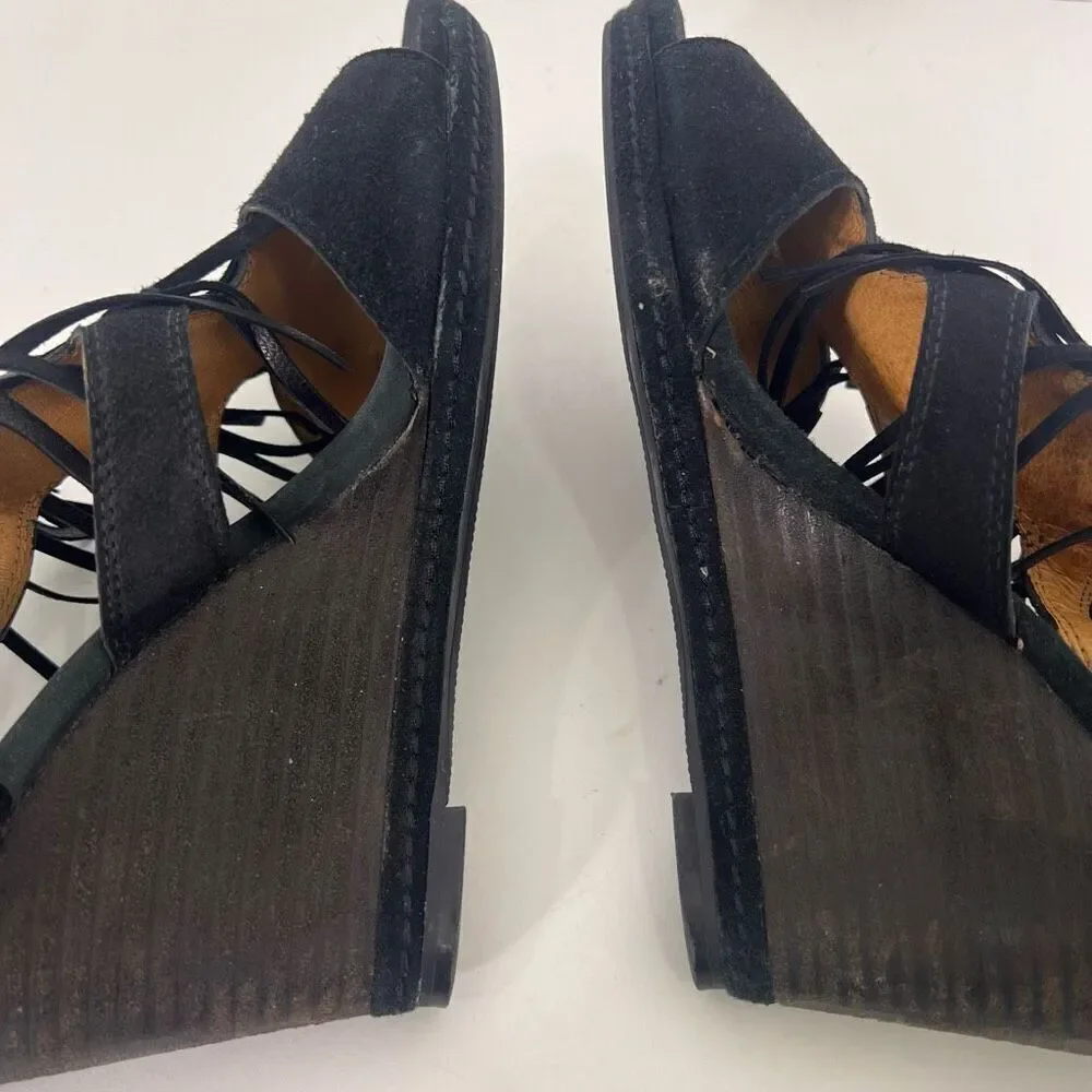 Trask‎ Black Leather Suede Fringe High Heel Wedges